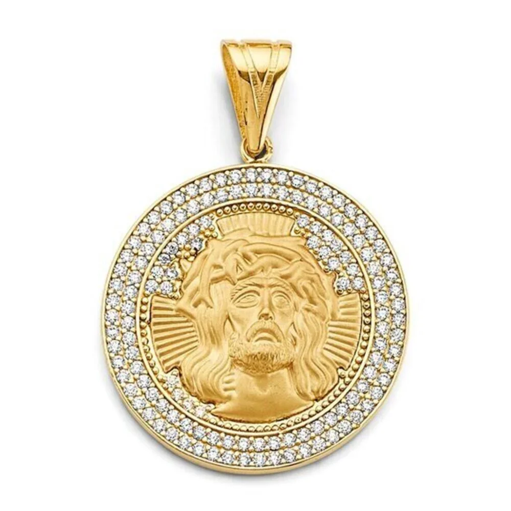 Round Cubic Zirconia Mens Jesus Face In Medallion Pendant 14k Gold​